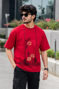 Men's Premium Red Black Printed T-Shirt Half Sleeve Cotton Blend