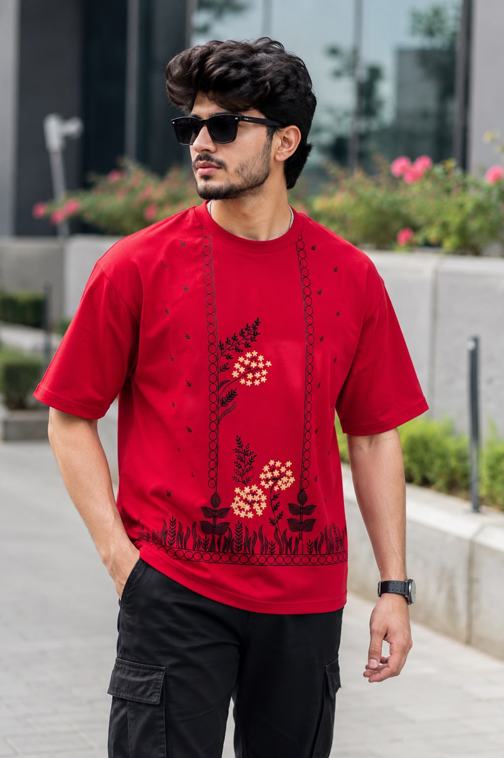 Men's Premium Red Black Printed T-Shirt Half Sleeve Cotton Blend