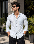 Light Blue & White Vertical Striped Mens Casual Shirt