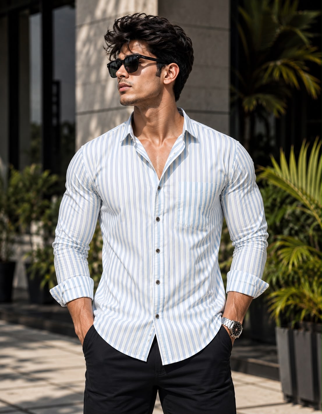 Light Blue & White Vertical Striped Mens Casual Shirt