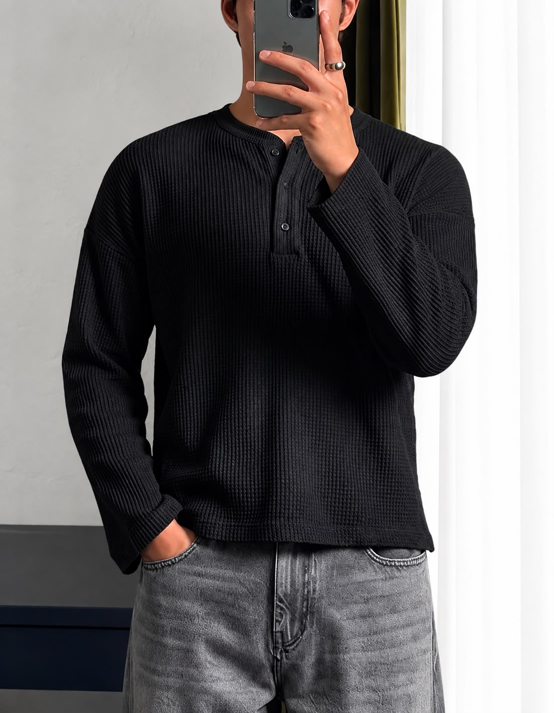 Men's Black Full Sleeve Boxer T-Shirt | Premium Ribbed Henley T-Shirt