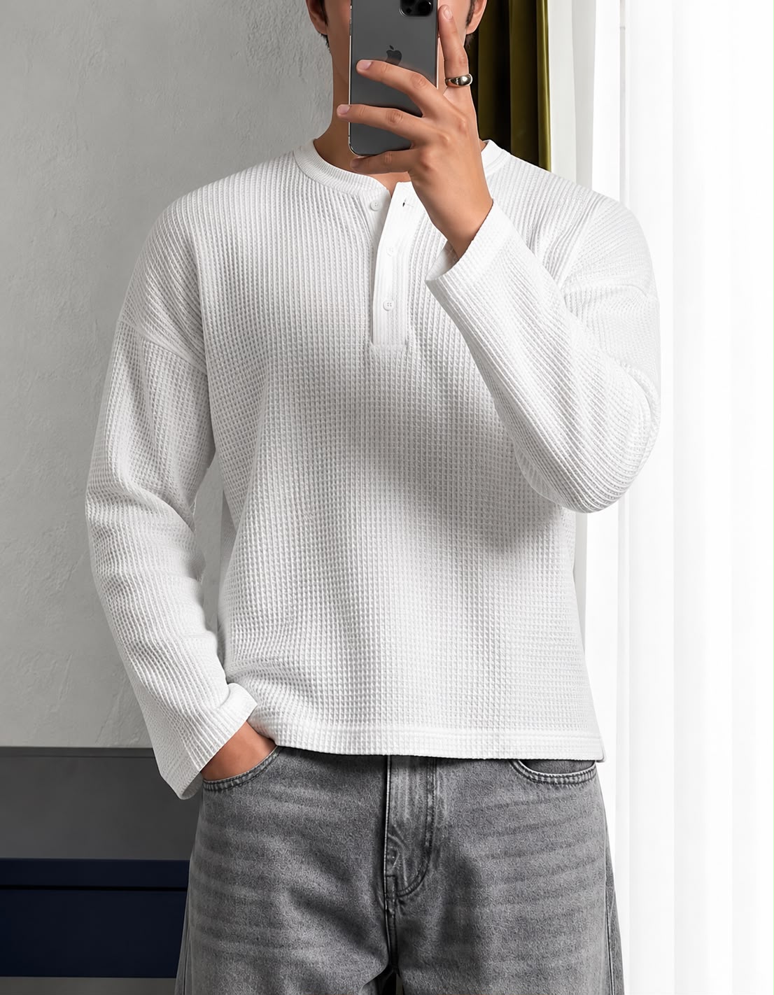 White Waffle Knit Henley T-Shirt for Men