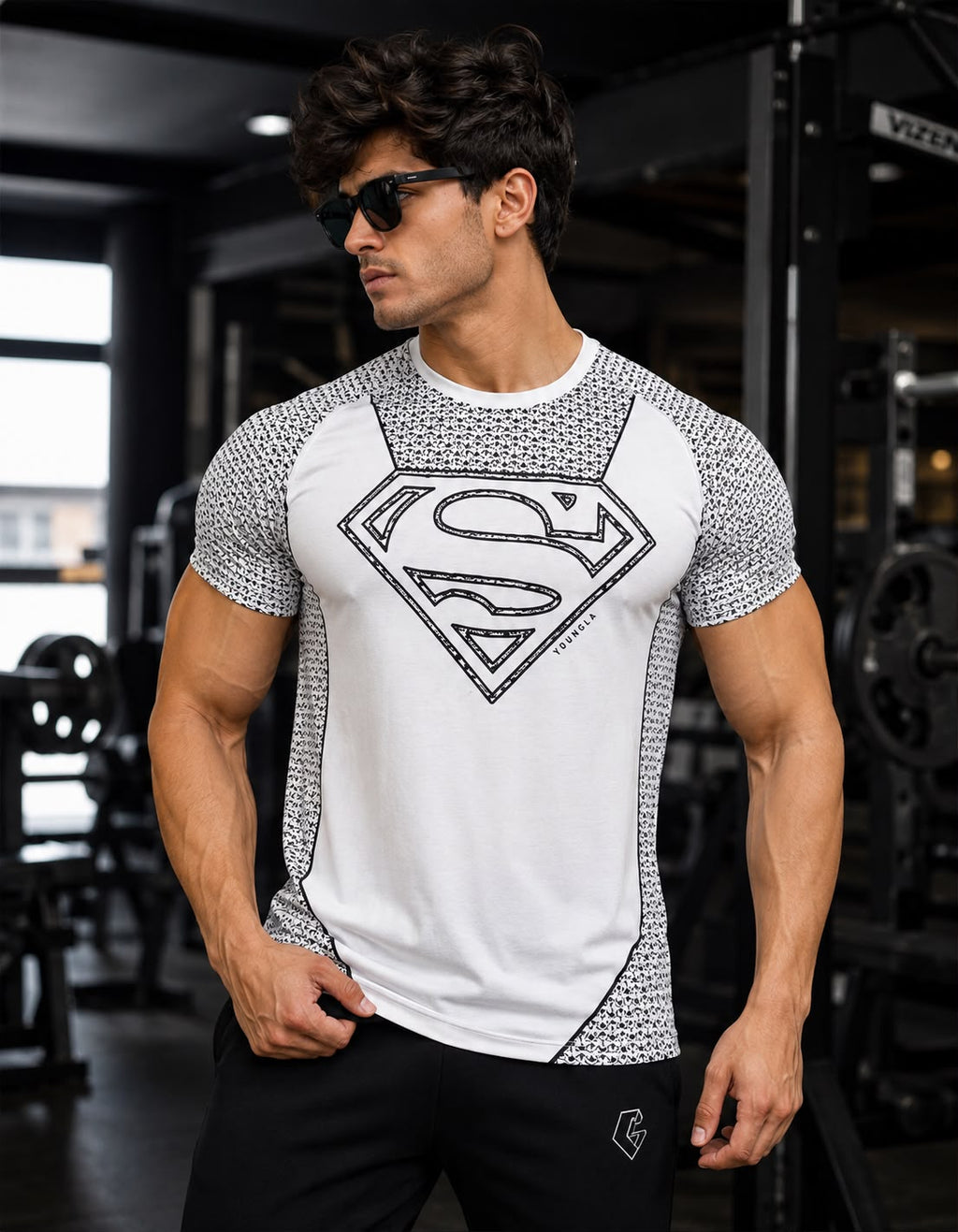 Men wearing white printed gym t-shirt with superhero inspired graphic