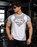 Men wearing white printed gym t-shirt with superhero inspired graphic