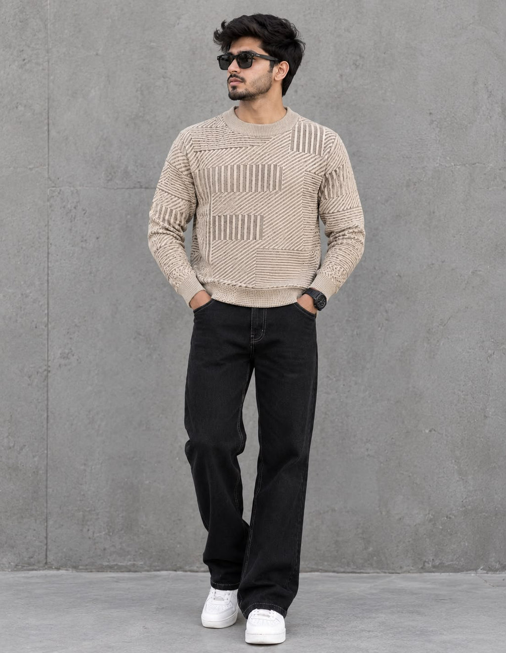 Men's Beige Textured Knit Sweater | Winter Wea