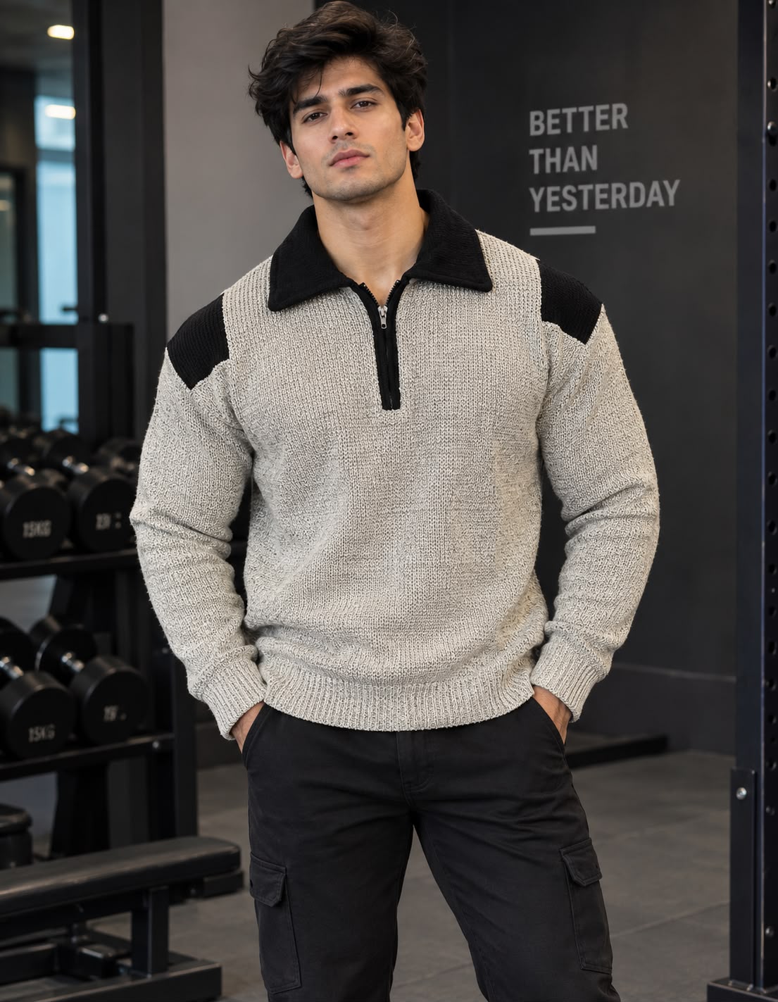 Men's Light Grey & Black Knitted Sweater | Full Sleeve Winter Wear