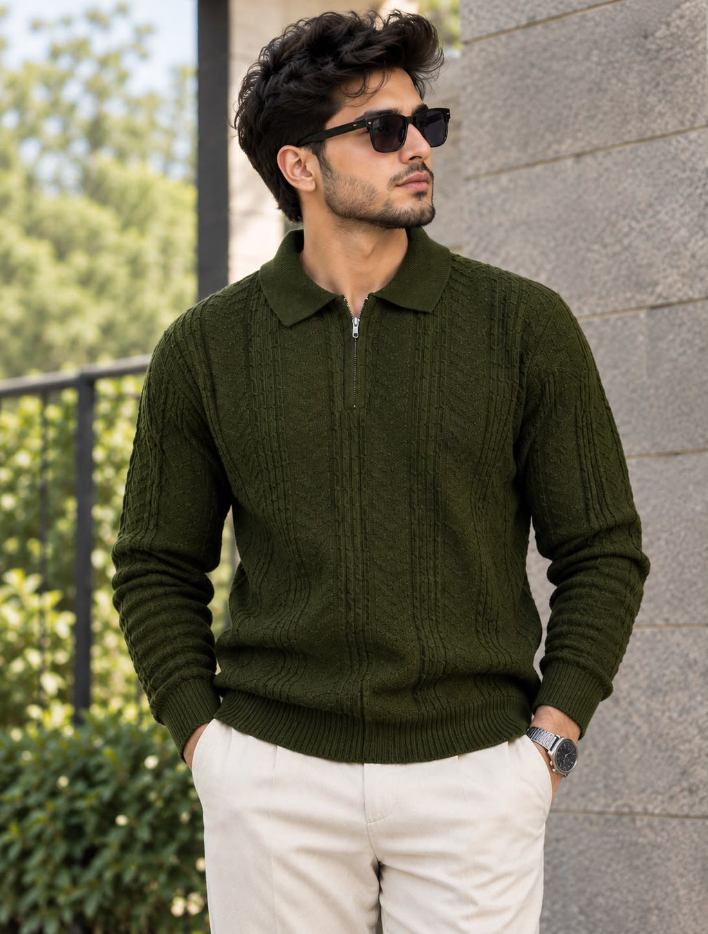 Men's Olive Green Textured Half-Zip Sweater