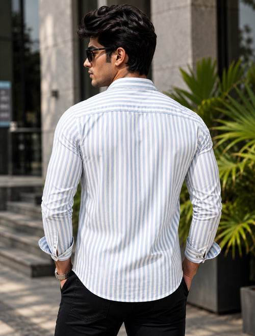 Light Blue & White Vertical Striped Mens Casual Shirt