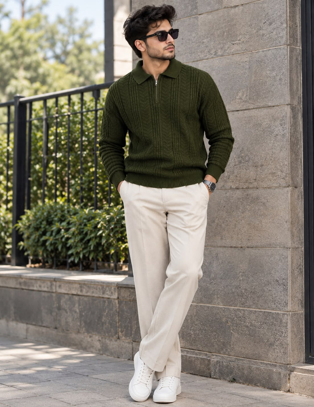 Men's Olive Green Textured Half-Zip Sweater