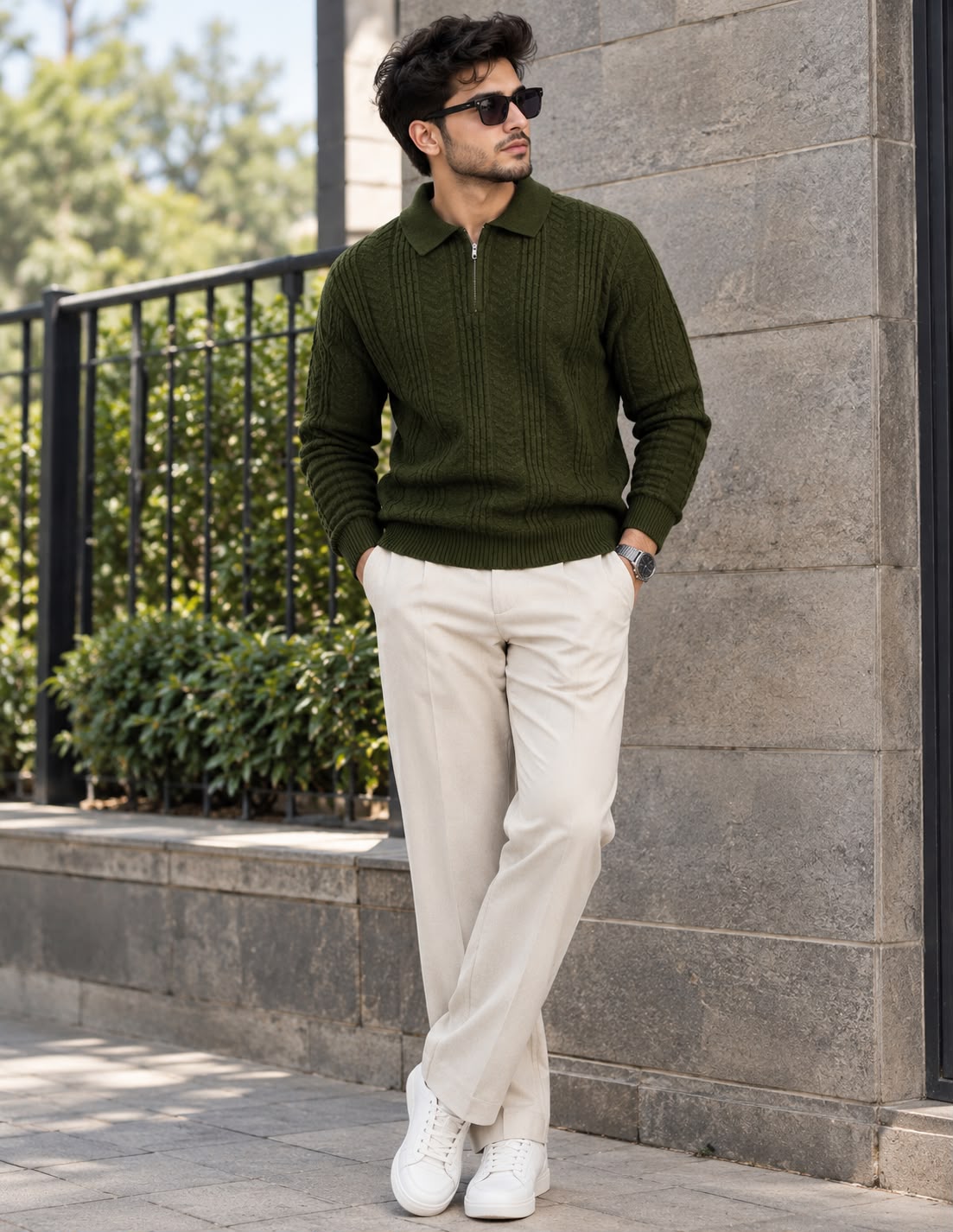 Men's Olive Green Textured Half-Zip Sweater