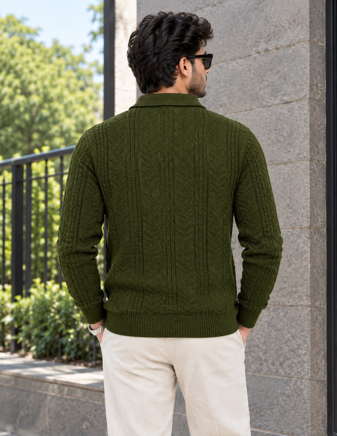 Men's Olive Green Textured Half-Zip Sweater