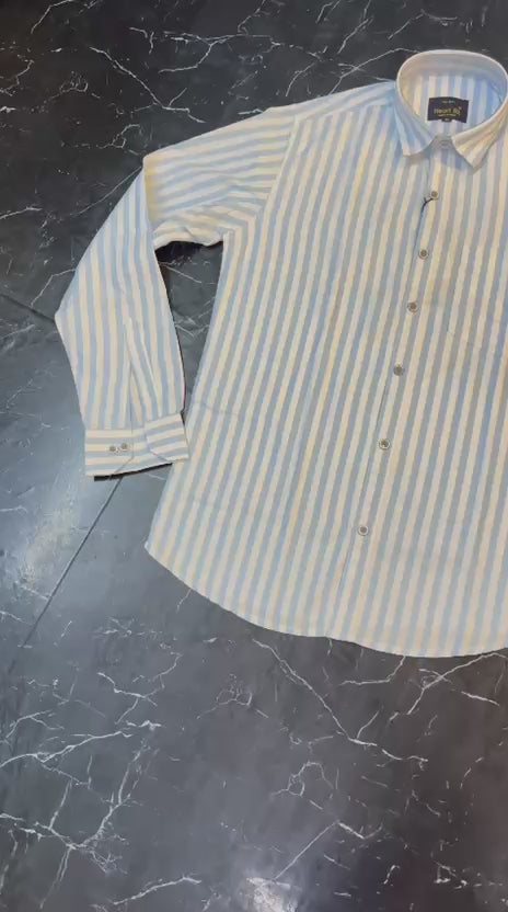 Light Blue & White Vertical Striped Mens Casual Shirt